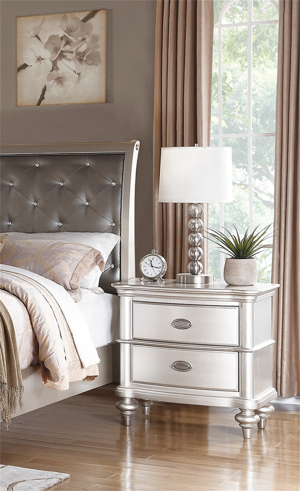 Wood Nightstand with 2 Drawer in Antique Silver