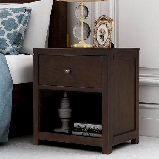 Vintage Aesthetic 1 Drawer Solid Wood Nightstand Sofa End Table  in Rich Brown (Nightstand of Freely Configurable Bedroom Sets)