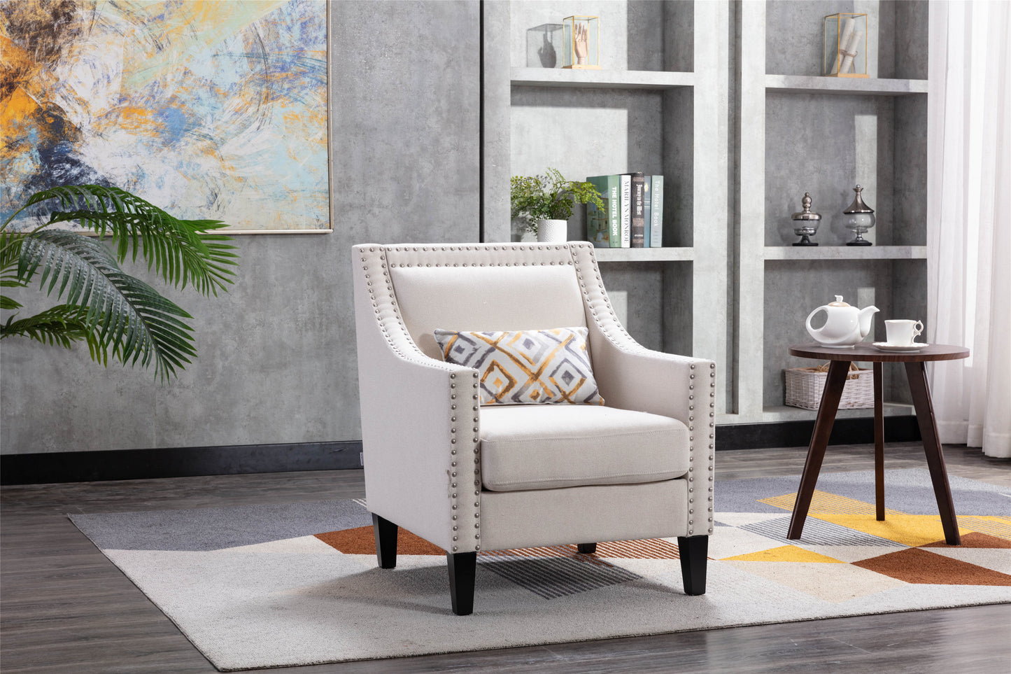 accent armchair living room chair  with nailheads and solid wood legs Beige  Linen
