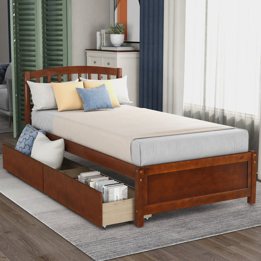 Twin Platform Storage Bed Wood Bed Frame with Two Drawers and Headboard, Walnut（Previous SKU: SF000062DAA）