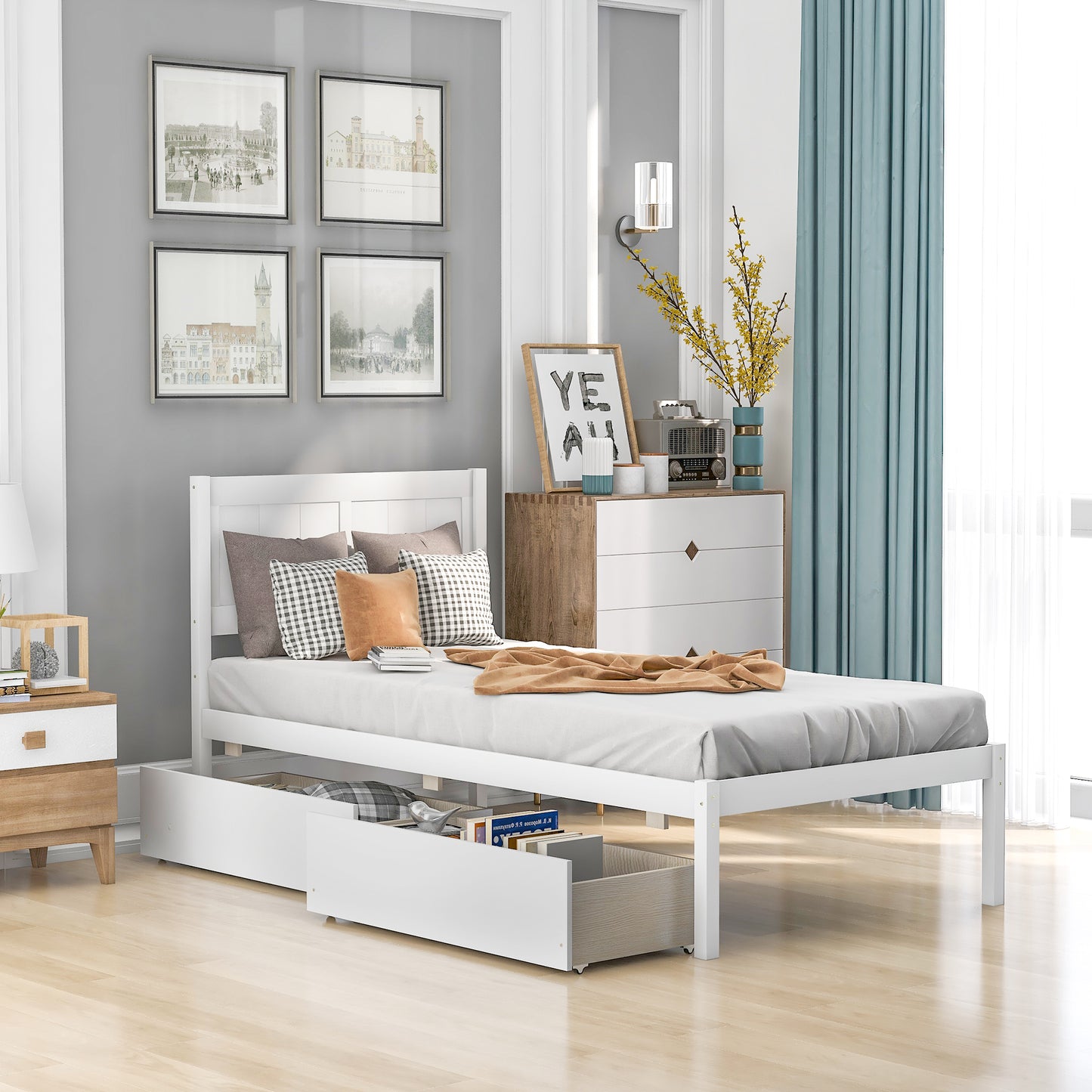 Twin size Platform Bed Wood Platform Bed with Two Drawers