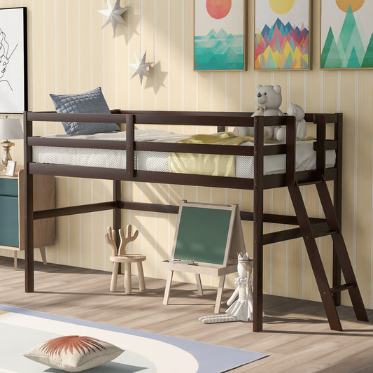Wooden Twin Size Low Loft Bed with Ladder, Espresso(New)