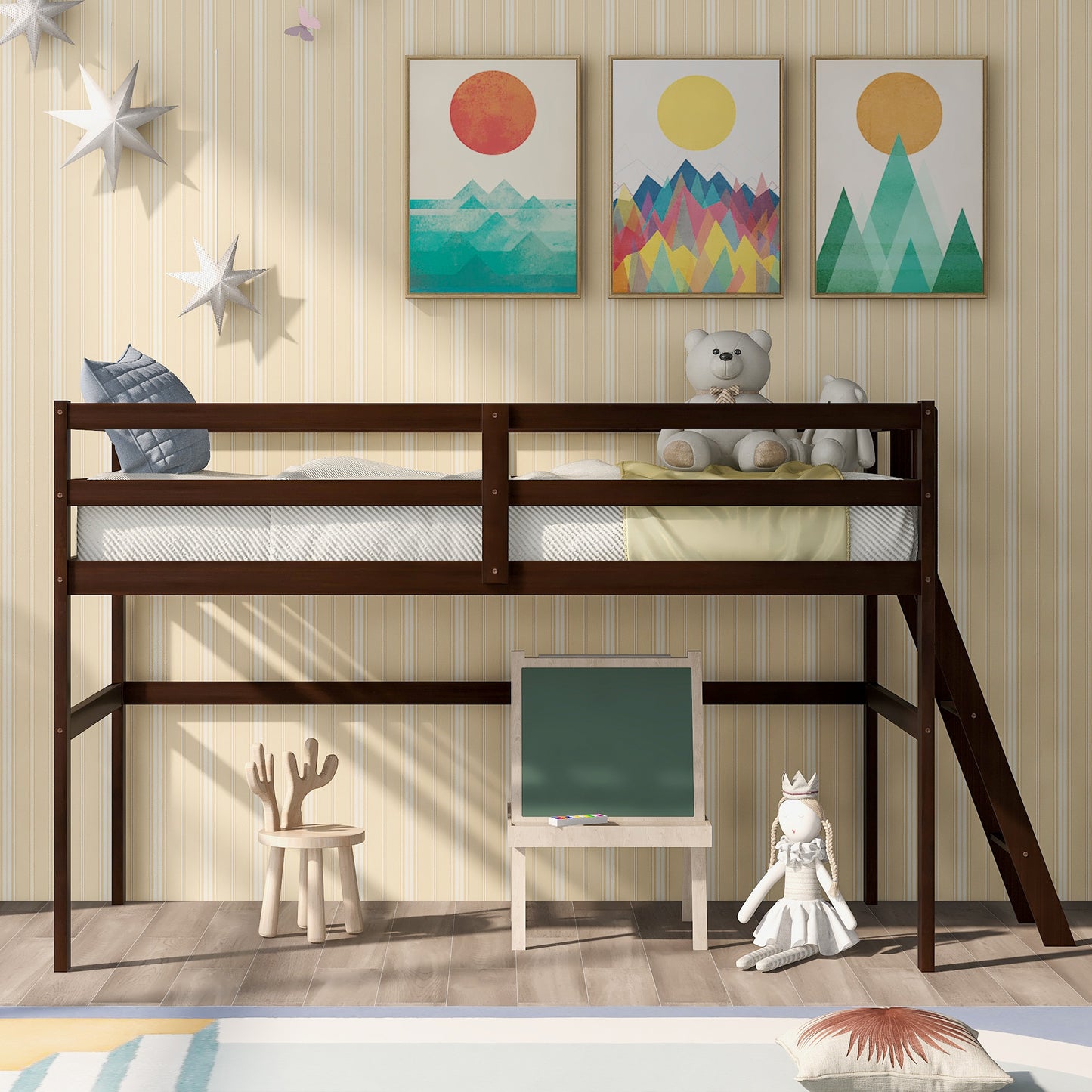 Wooden Twin Size Low Loft Bed with Ladder, Espresso(New)