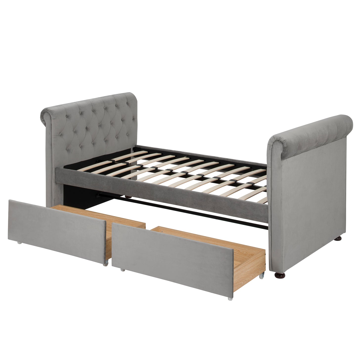 Twin Size Upholstered daybed with Two Drawers, Wood Slat Support, Gray