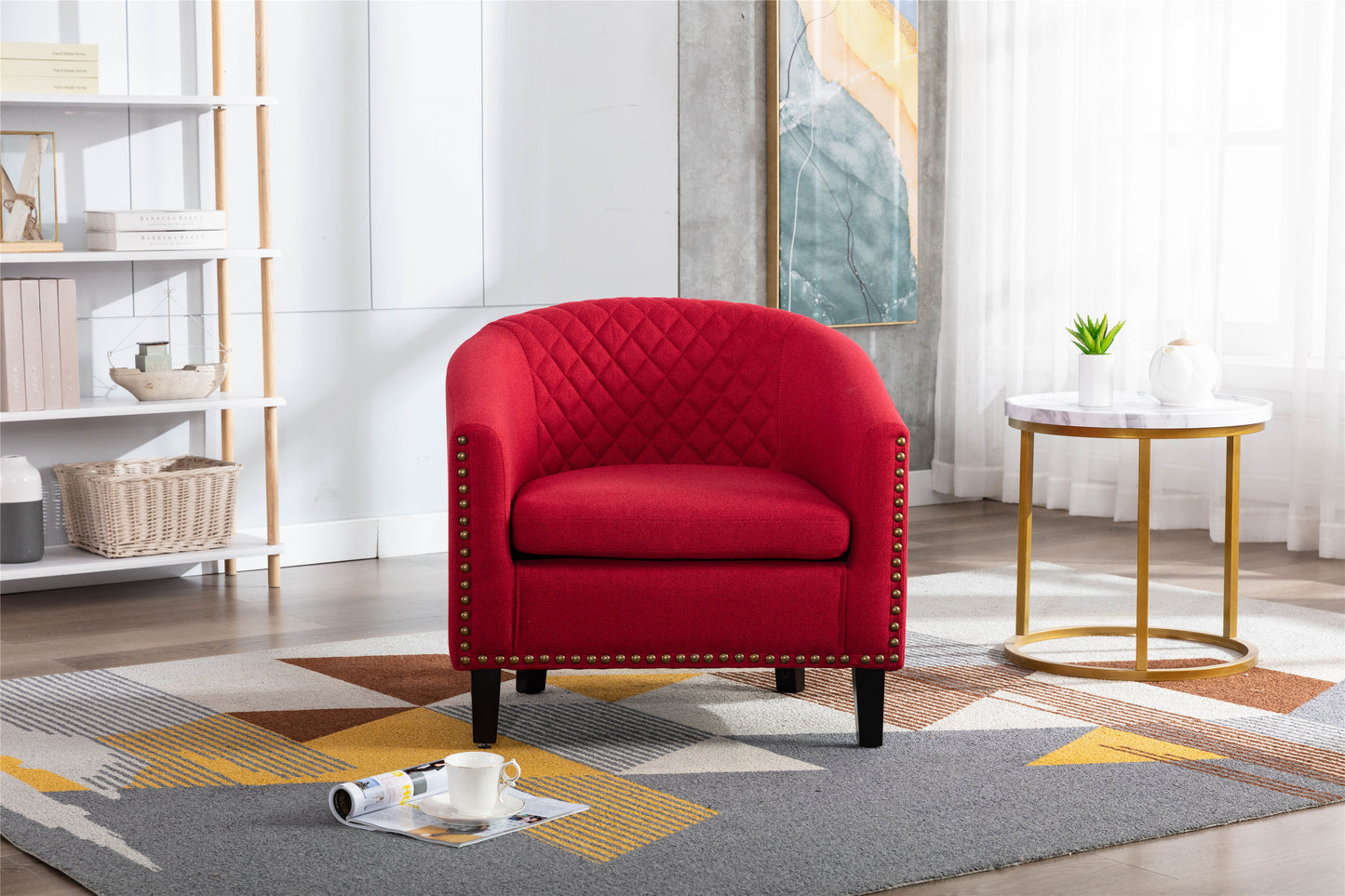 accent Barrel chair living room chair with nailheads and solid wood legs Red  Linen