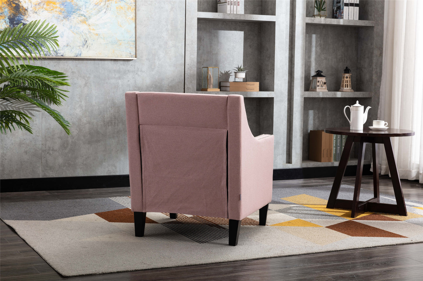 accent armchair living room chair  with nailheads and solid wood legs  Pink  Linen