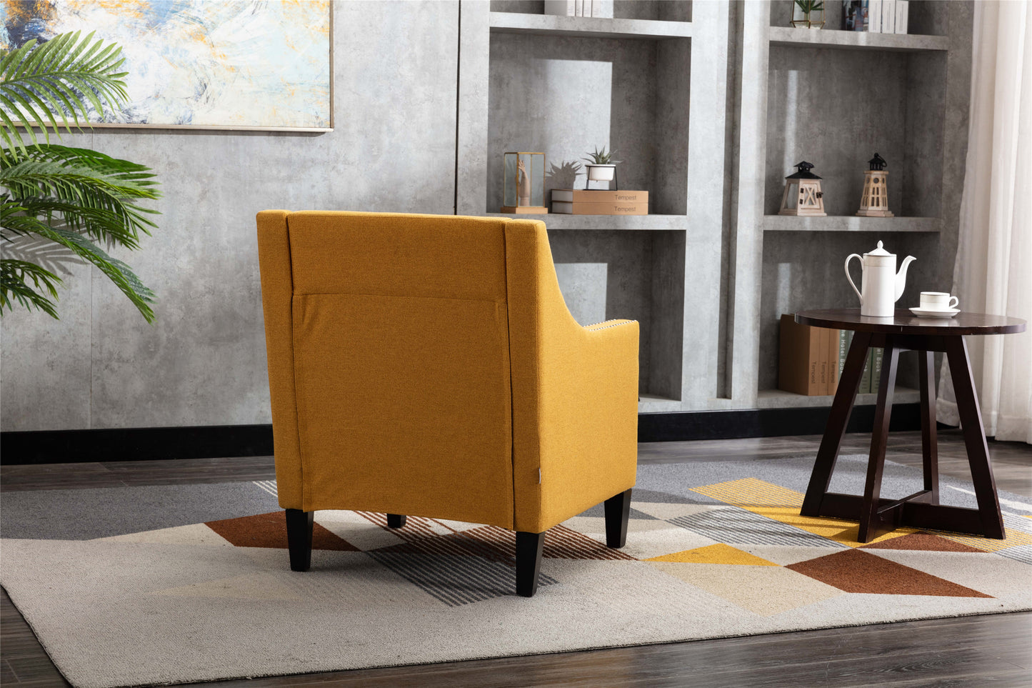 accent armchair living room chair  with nailheads and solid wood legs  Yellow  Linen