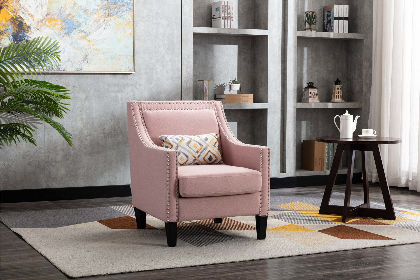 accent armchair living room chair  with nailheads and solid wood legs  Pink  Linen