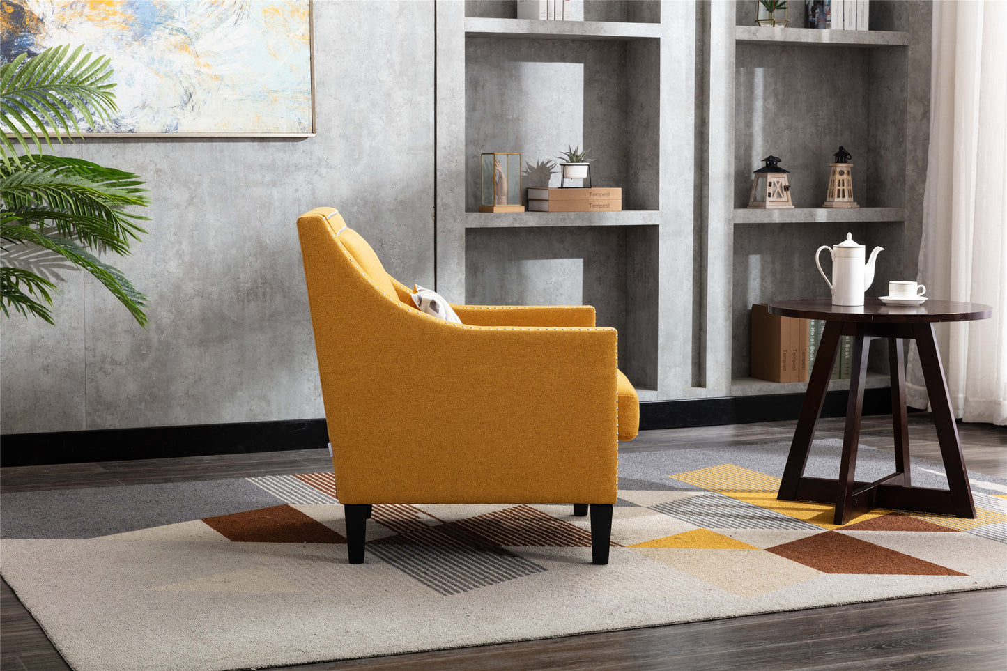 accent armchair living room chair  with nailheads and solid wood legs  Yellow  Linen