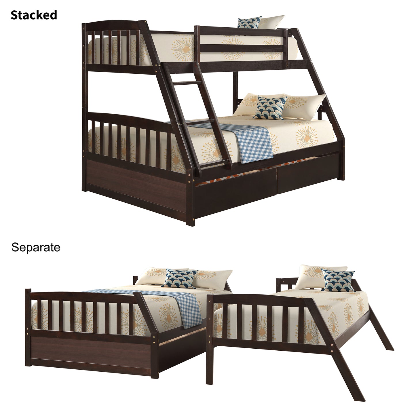 Solid Wood Twin Over Full Bunk Bed with Two Storage Drawers, Espresso