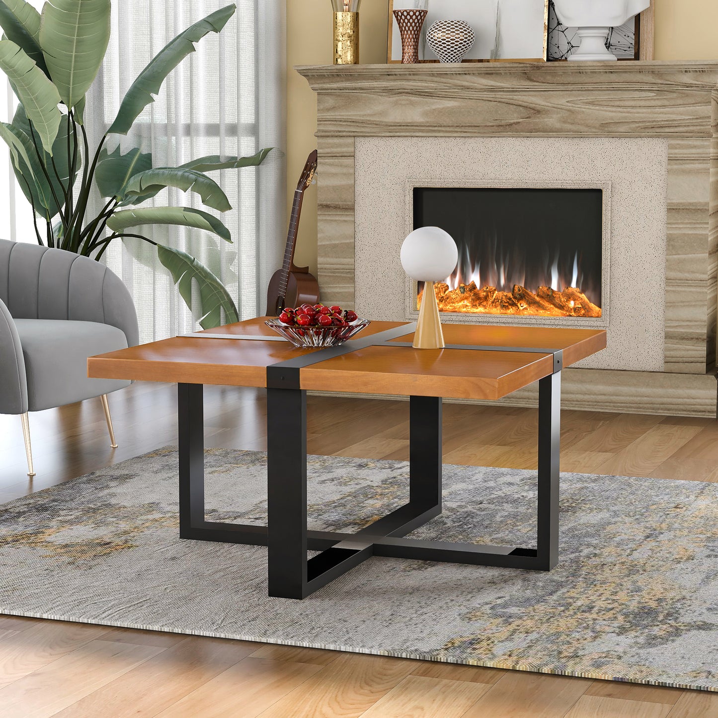 U-style Coffee Table With Crossed-shape Table Top and Wood Legs,37.4 Inch