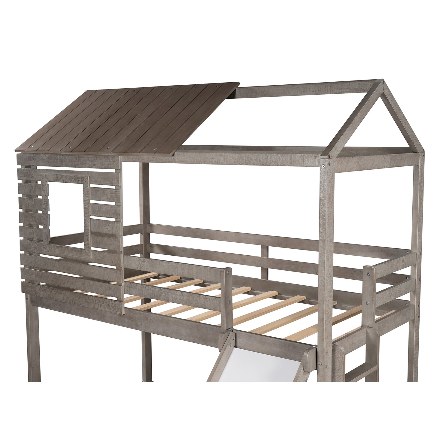 Twin Over Twin Bunk Bed with Two Storage Drawers and Slide, House-Shaped Wood Bunk Bed for Kids  Teens, Antique Gray