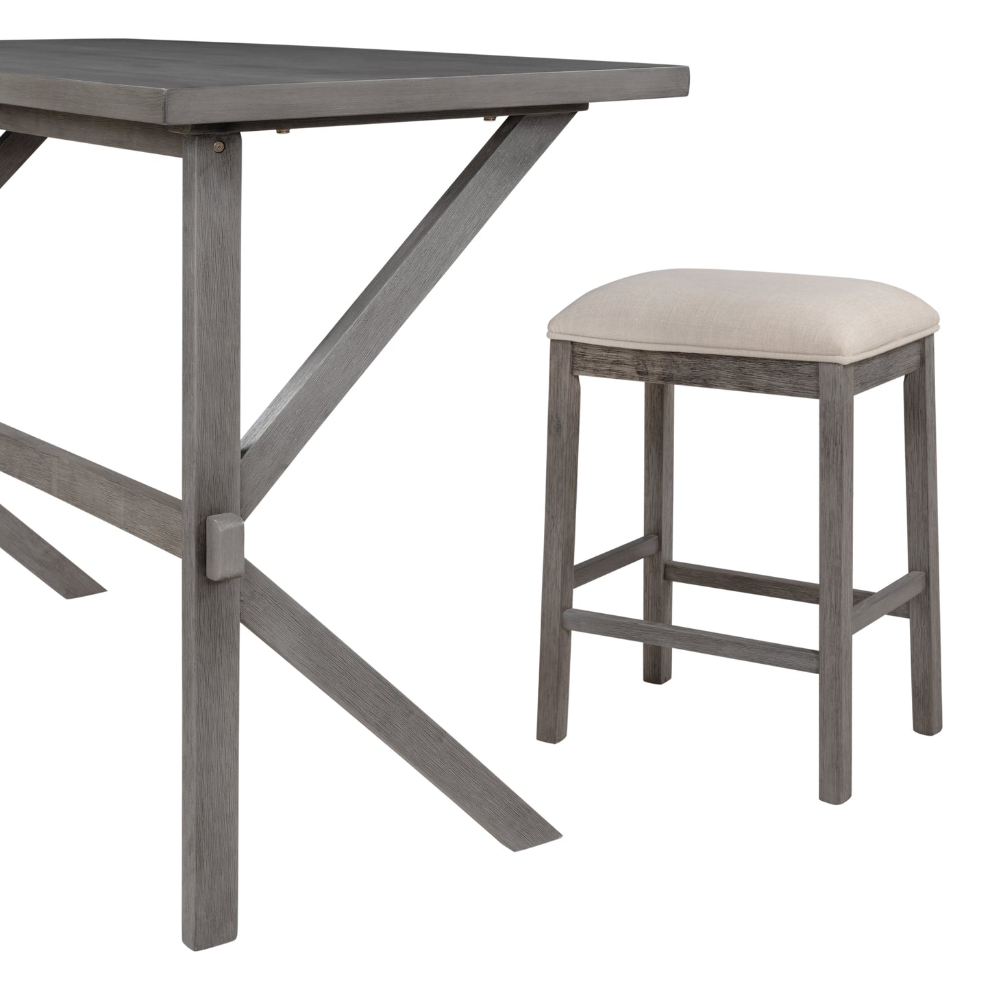 Farmhouse Rustic 3-piece Counter Height Wood Kitchen Dining Table Set with 2 Stools for Small Places, Gray+Beige Cushion