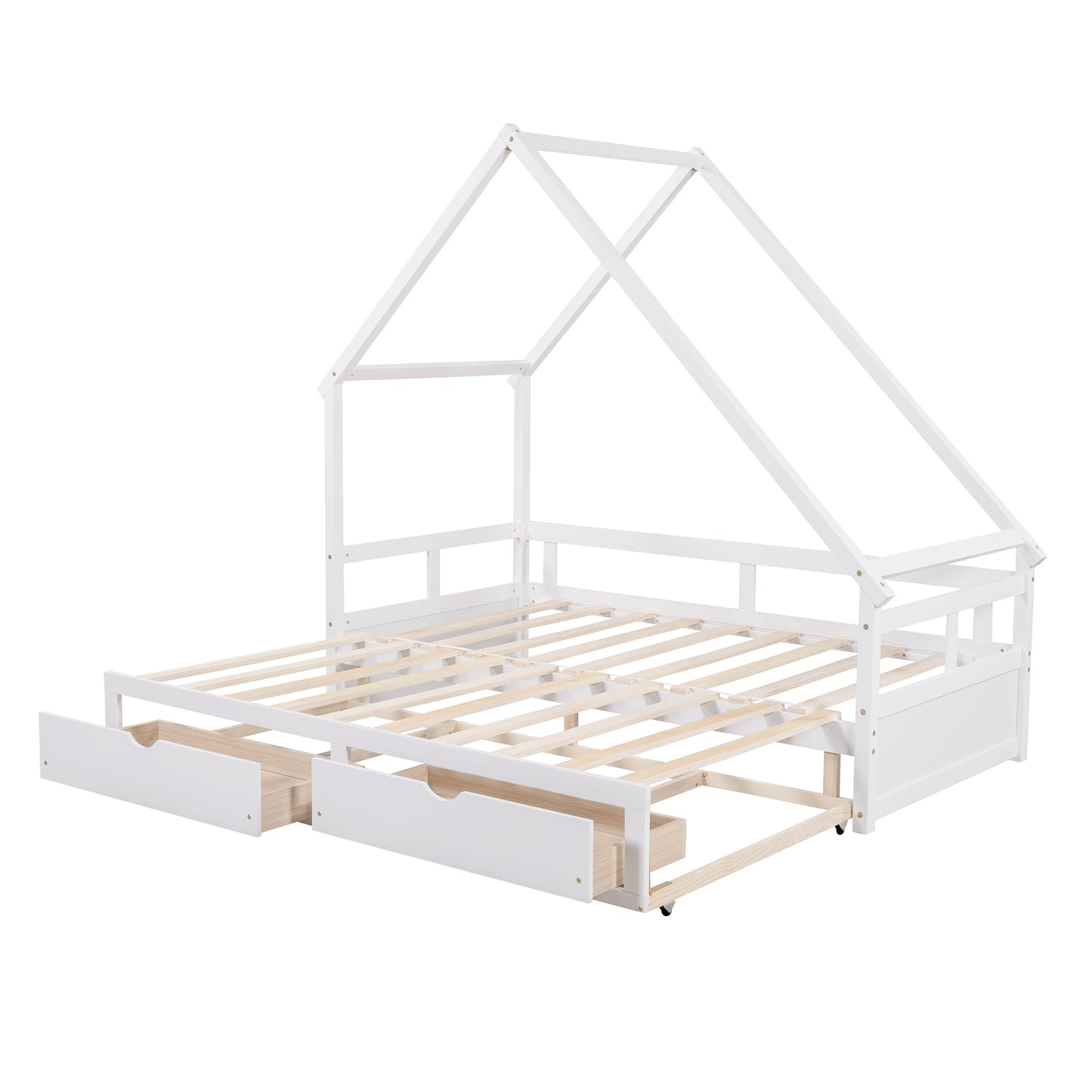 Extending Daybed with Two Drawers, Wooden House Bed with Drawers, White