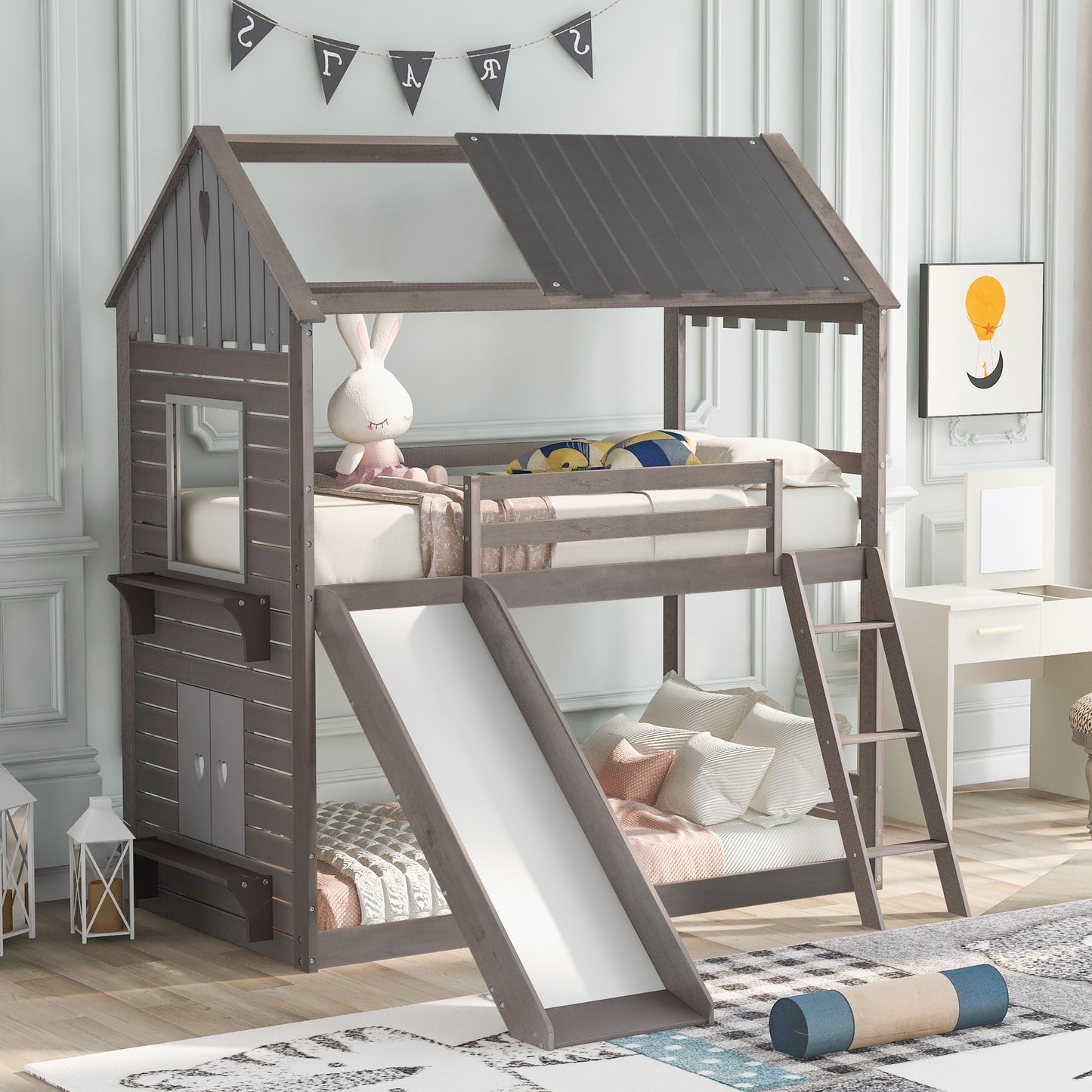Twin Over Twin Bunk Bed Wood Bed with Roof, Window, Slide, Ladder for Kids, Teens, Girls, Boys ( Antique Gray )