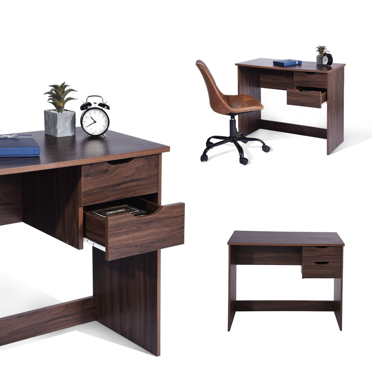 Computer Desk Writing Study Table with 2 Side Drawers Classic Home Office Laptop Desk Brown Wood Notebook Table