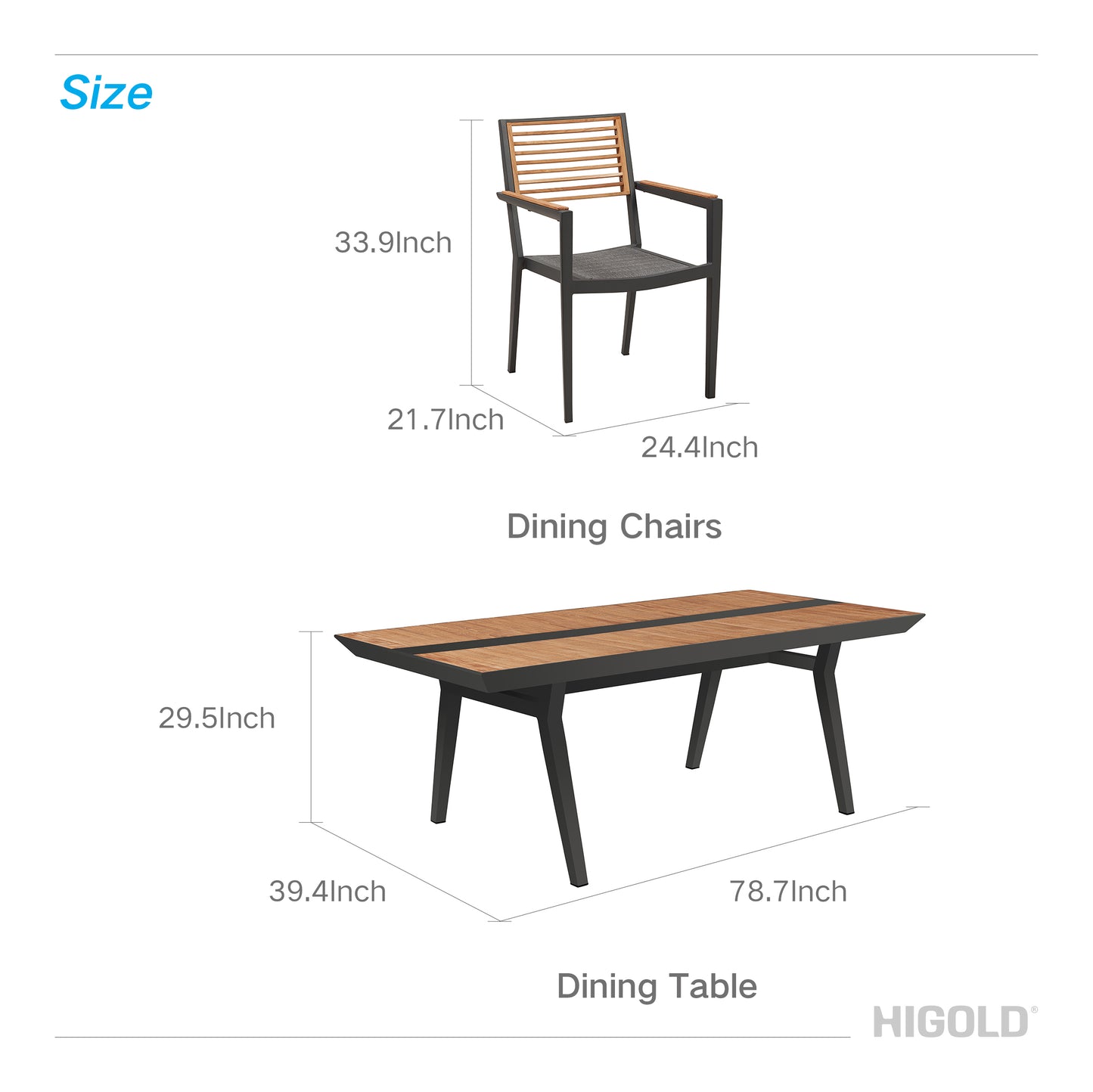 Champion Patio Dining Set, 7 Pieces Outdoor Dining Chairs with Teak Solid Wood Tabletop, Matte Charcoal Aluminum Frame