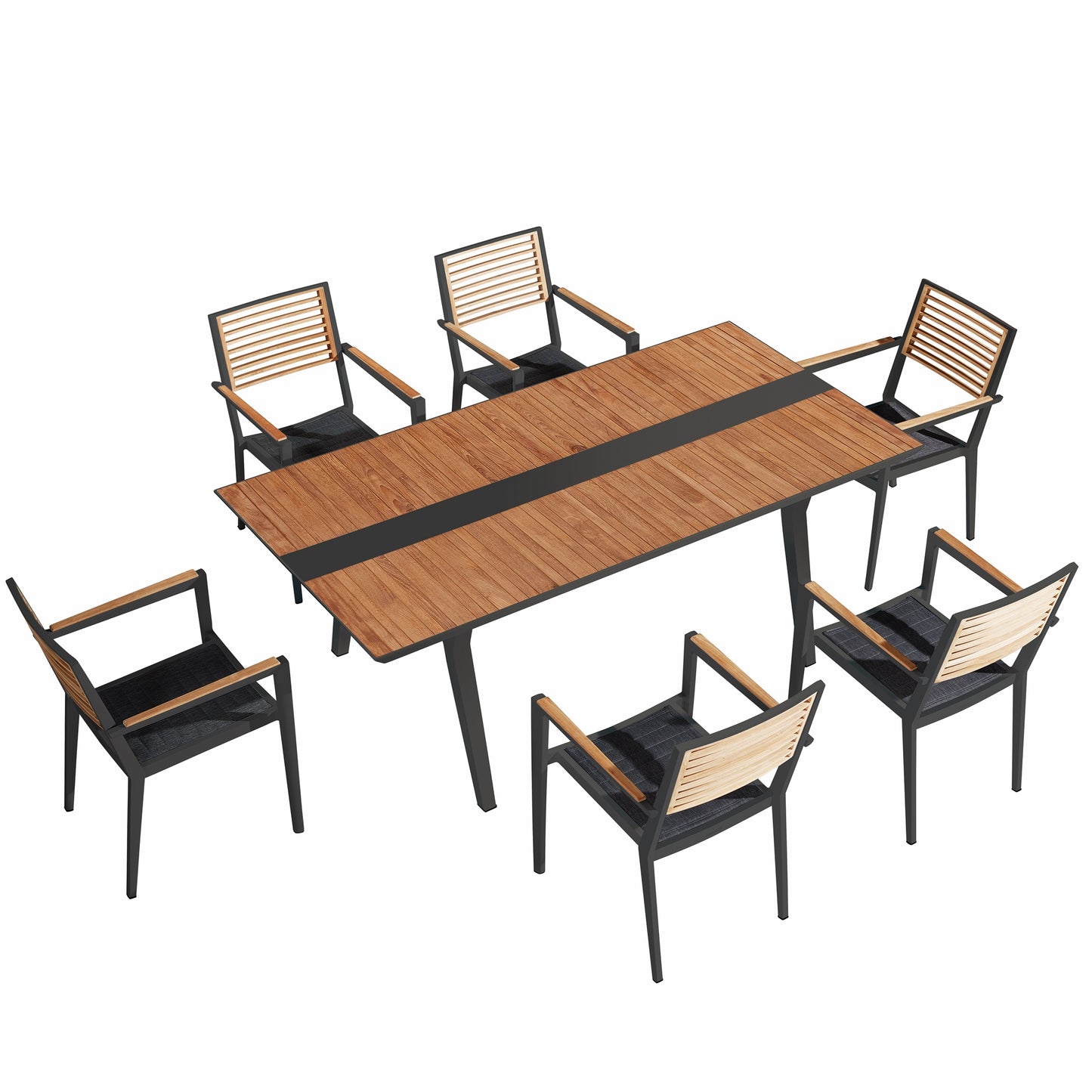 Champion Patio Dining Set, 7 Pieces Outdoor Dining Chairs with Teak Solid Wood Tabletop, Matte Charcoal Aluminum Frame