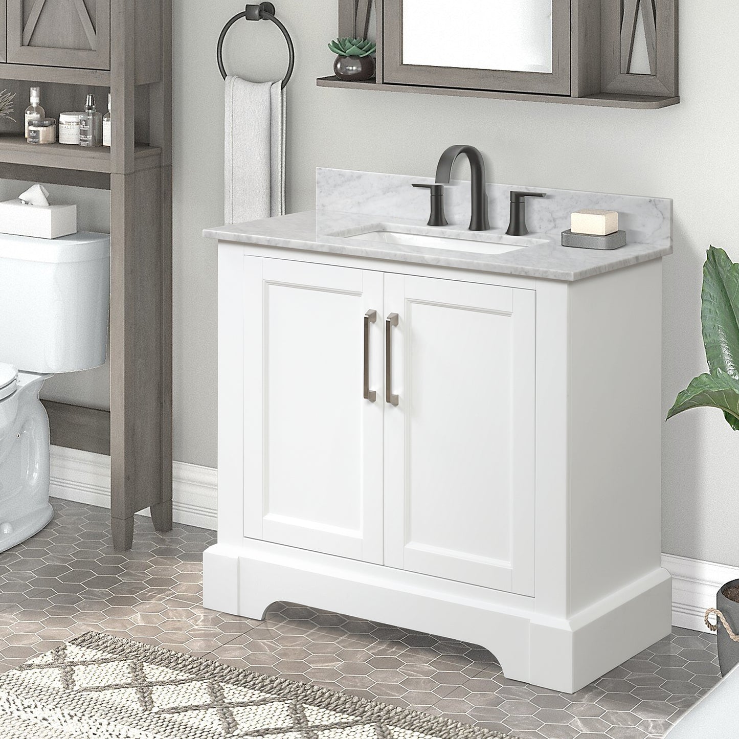 36&rdquo; Single Solid Wood Bathroom Vanity Set, with Drawers, Carrara White Marble Top, 3 Faucet Hole