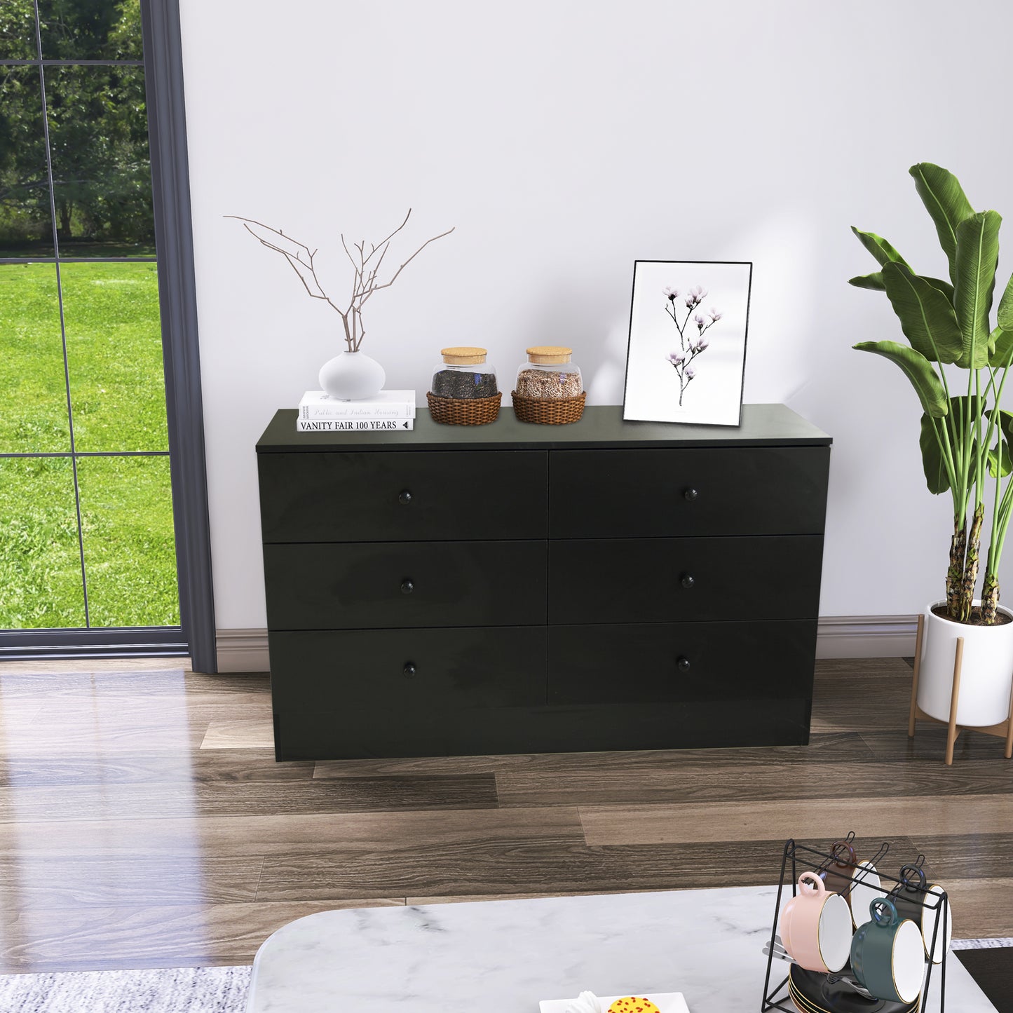 Chest of Drawers Wood Storage Cabinet with 6 Drawers-Black