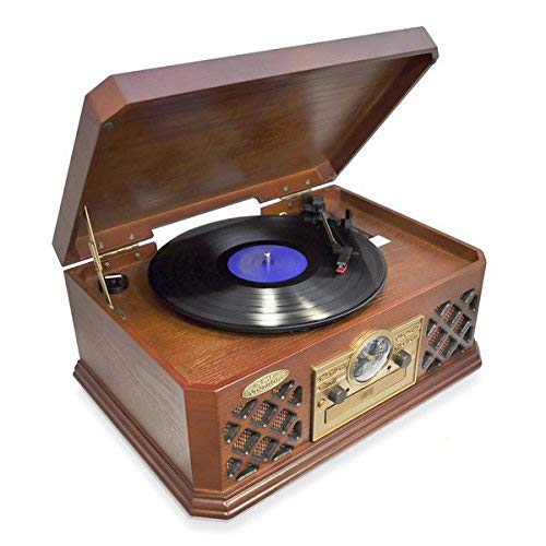 Bluetooth Compatible Classic Vintage Turntable - Retro Vinyl Wood Record Player Speaker System w/ CD Player and Cassette Deck, 3-Speed, AUX, RCA, AM FM Radio, 3.5mm Headphone Jack - Pyle PTCD4BT