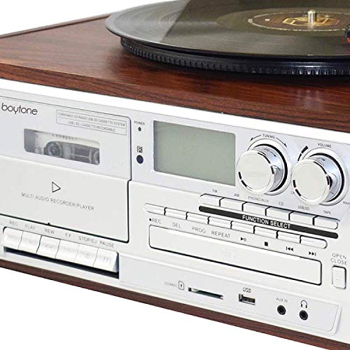 Boytone BT-38SM Bluetooth Classic Turntable Record Player System, AM/FM Radio, CD / Cassette Player, 2 Built-in Stereo Speakers, Record from Vinyl, Radio, and Cassette to MP3, SD Slot, USB, AUX.