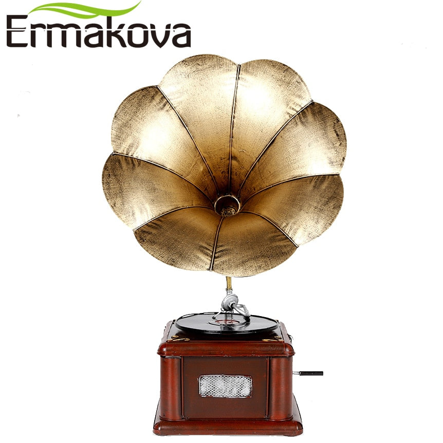 ERMAKOVA Metal Retro Phonograph Model Vintage Record Player Prop Antique Gramophone Model Home Office Club Bar Decor Ornaments
