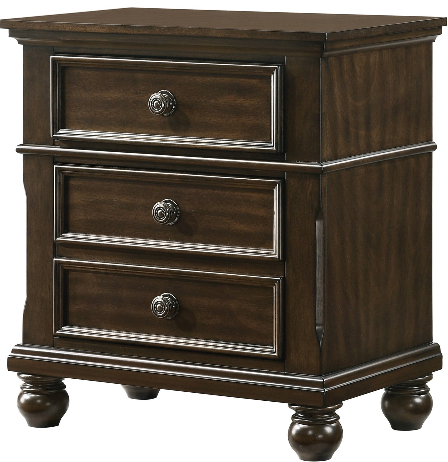 Traditional 3-Drawer Nightstand with Bun Feet 1-Pc End Table Brown Wood Veneers & Solids Furniture